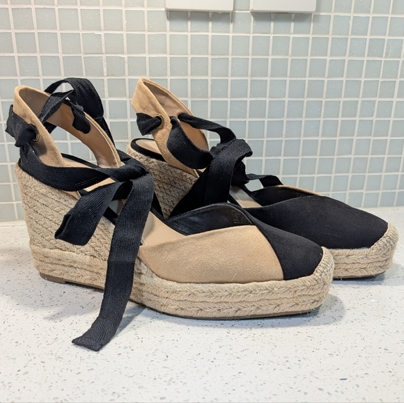 Zara Espadrille Wedge Sandals Black Tan Ankle Tie Wrap Platform Heels - Picture 8 of 14